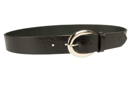 Womens Shiny Black Leather Belt Large Oval Shaped Buckle Womens Black Leather Jeans Belt  Supple Italian shiny glazed full grain black leather. Bright high shine Italian made silver tone solid brass buckle. Champion Chase double horse shoe motif embossed to the belt tip. Leather approx 3.5 - 4mm thick. Made in UK