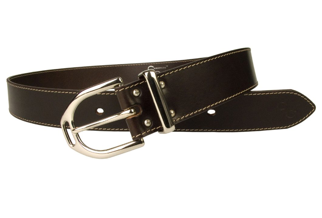 Womens Stirrup Buckle Belt. High Shine Nickel Plated Solid Brass Buckle and matching metal Keeper. Contrasting Oat coloured Stitched Edge. Dark Havana Brown Italian Full Grain Vegetable Tanned Leather. 4 cm Wide. Leather thickness Approx 3.5 mm.