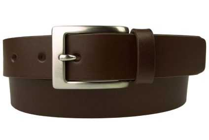 Mens Leather Belt in Dark Brown Italian vegetable tanned leather. Ideal for suits and chinos and smart casual trousers. A high quality leather belt with a clean simple design. Made in UK by British craftsmen. 3cm Wide With Hand Brushed and Lacquered Nickel Plated Buckle