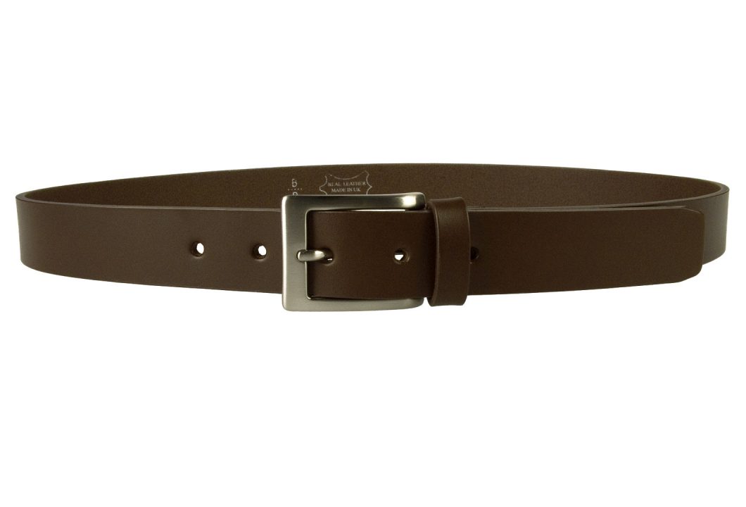 Mens Leather Belt in Dark Brown Italian vegetable tanned leather. Ideal for suits and chinos and smart casual trousers. A high quality leather belt with a clean simple design. Made in UK by British craftsmen. 3cm Wide With Hand Brushed and Lacquered Nickel Plated Buckle
