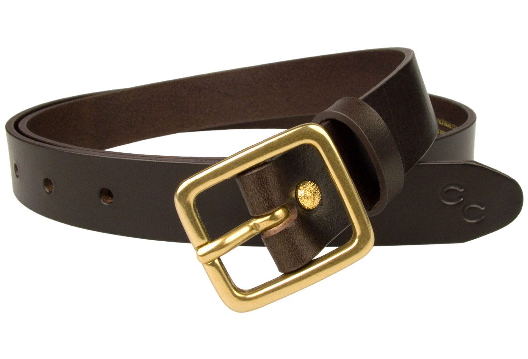 Dark Brown Narrow Leather Belt With Solid Brass Buckle. High quality Italian full grain vegetable tanned leather. 2.5cm Wide (1 inch). Free Sliding Loop. Ornate golf plated rivet closure. Champion Chase Double Horse Shoe Motif to tip of belt. Made In UK by British Craftsmen.