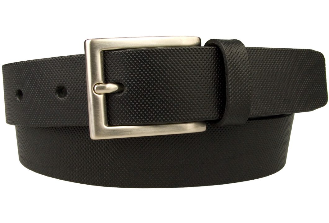 Geometric Embossed Leather Belt. Black Leather Belt 3cm Wide. Ideal For Suits and Smart Trousers. Made with Italian Full Grain Vegetable Tanned Leather. Italian made hand brushed nickel plated buckle. Made In UK By British Craftsmen. Long Lasting 4mm thick leather.