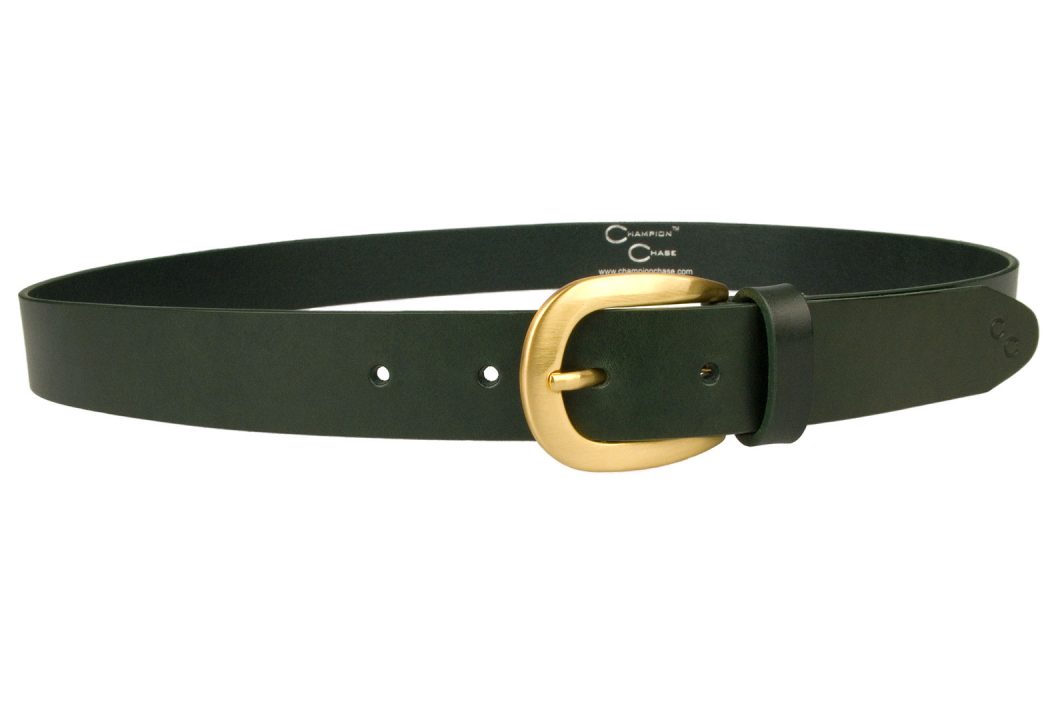 Ladies Green Leather Belt With Hand Brushed Gold Plated Buckle. Emerald Green Italian Full Grain Vegetable Tanned Leather. Italian Gold Plated Buckle - Hand Brushed and Lacquered. Champion Chase Horse Shoe Motif to Tip of Belt. 3cm Wide.