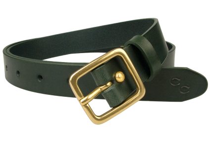 Ladies Narrow Green Leather Belt 2.5 cm Wide Solid Brass Buckle. Made In UK By Skilled British Craftsmen using high quality Italian full grain vegetable tanned leather. Solid Brass Italian Made Buckle. Free Sliding Loop to retain belt tip. Ornate gold plated riveted Return.