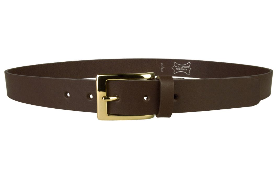 Mens Dark Brown Leather Belt With Gold Buckle, 3cm Wide. Made In UK By British Craftsmen. Italian made gold plated buckle. Italian Full Grain Vegetable Tanned Leather. Aproximately 4mm thick. 5 Adjustment holes.
