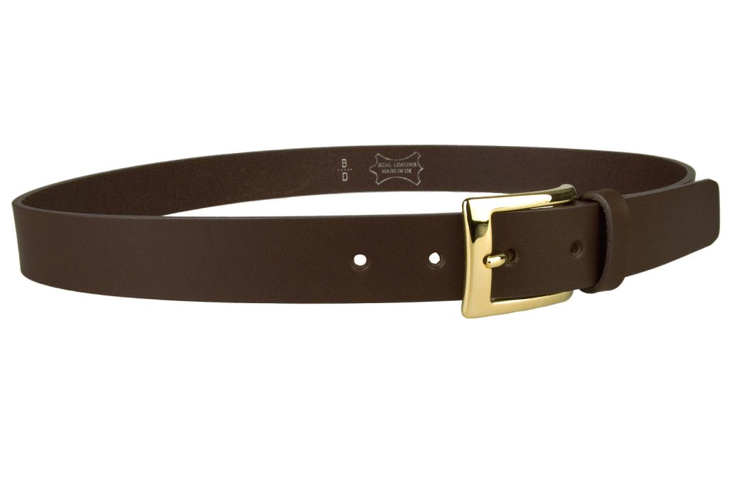 Mens Dark Brown Leather Belt With Gold Buckle, 3cm Wide. Made In UK By British Craftsmen. Italian made gold plated buckle. Italian Full Grain Vegetable Tanned Leather. Aproximately 4mm thick. 5 Adjustment holes.