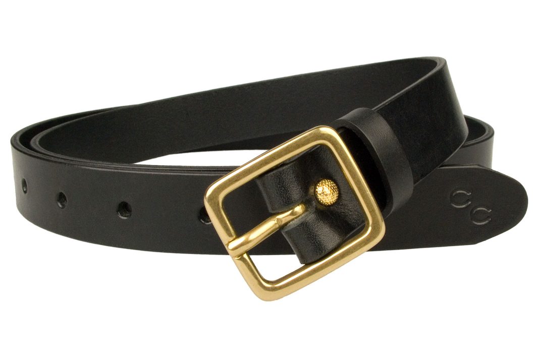 Womens Narrow Black Leather Belt Solid Brass Buckle Made In UK. Made By British Craftsmen with High Quality Full Grain Italian Leather and a Solid Brass Buckle. 2.5 cm Wide (approx 1 inch). Come with the Champion Chase Double Horse Shoe Motif to add a nice finishing touch