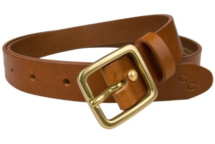 Womens Tan Leather Belt Solid Brass Buckle 1 Inch Wide. ( 2.5 cm ). British Made High Quality Leather Belt. Italian Full Grain Leather. Champion Chase Double Horse Shoe Motif to tip of belt. Ornate Gold Plated Rivet to fasten Belt Return.