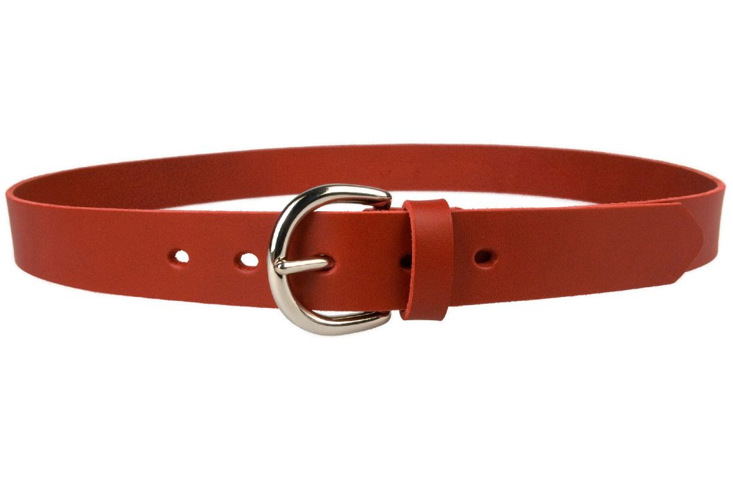 Ladies London 'D' Red Leather Belt. 3cm Wide so can be worn with jeans and trousers that have narrower loops. Made In UK with Italian Full Grain Vegetable Tanned Leather. Nickel Plated Solid Brass London 'D' Buckle. Strong Riveted Return. A strong long lasting leather belt.