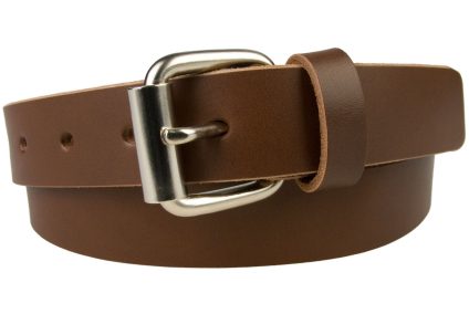Mens Narrow Leather Jeans Belt - Made In UK. 3 cm Wide Brown Leather Belt. 100% Pure Italian vegetable tanned leather. Approx. 3.5 - 4mm thick and 3cm Wide. Matt Nickel Roller Buckle.