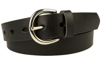 Womens Black Leather Belt Made In UK. Nickel Plated Solid Brass Buckle. Oval Shaped Holes. 3cm Wide. Full Grain Vegetable Tanned Leather. Leather Approx 3.5mm thick