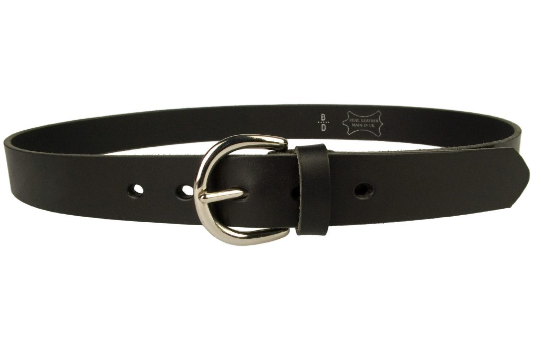 Womens Black Leather Belt Made In UK. Nickel Plated Solid Brass Buckle. Oval Shaped Holes. 3cm Wide. Full Grain Vegetable Tanned Leather. Leather Approx 3.5mm thick