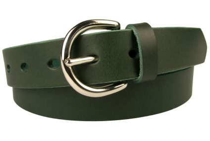 Womens Green Leather Belt 3cm Wide. Made In UK. Solid Brass Buckle With Nickel Plate (Silver in tone). Full Grain Vegetable Tanned Leather. 5 Oval shaped holes. Leather Thickness 3.5 cm Approx