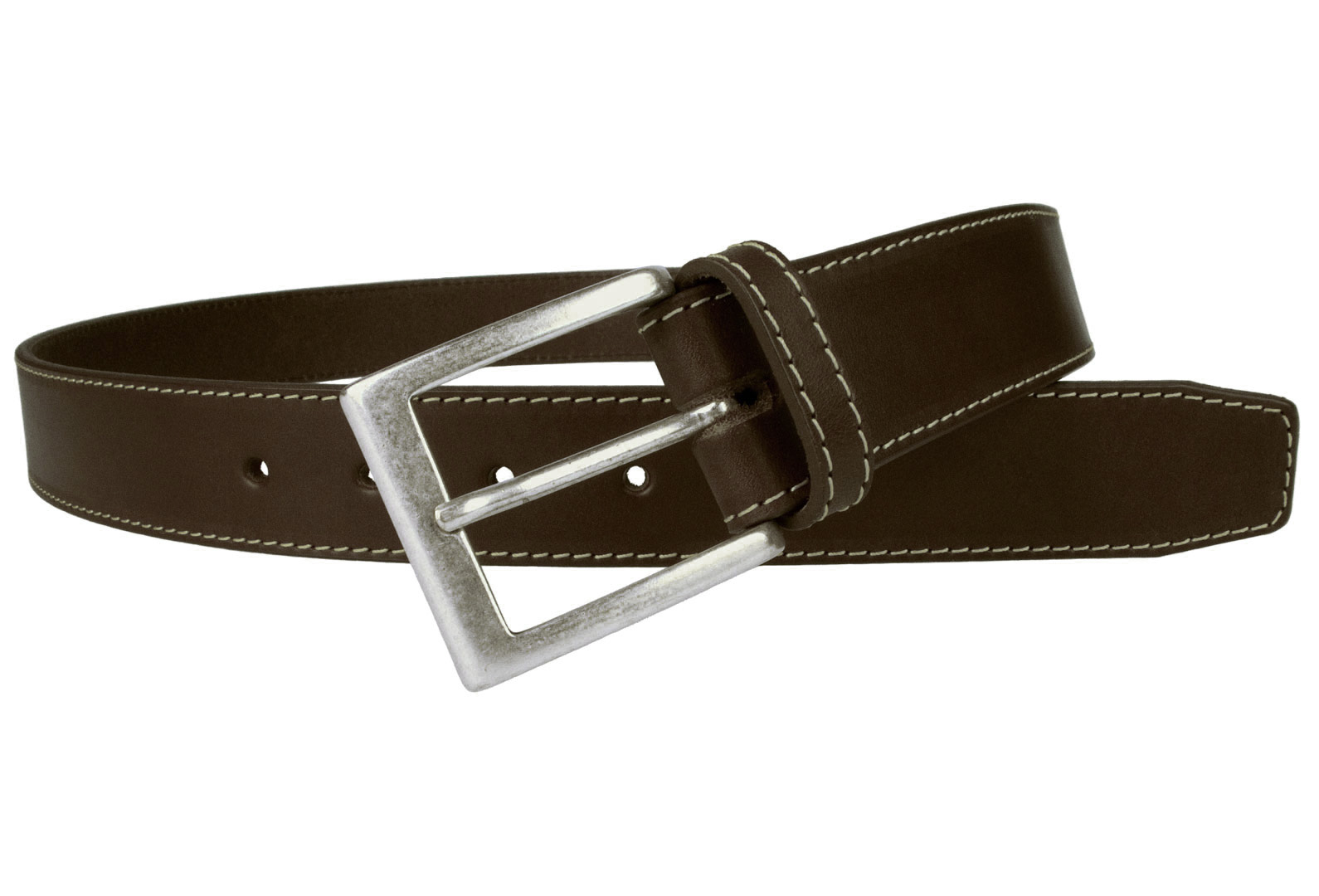 Brown Leather Belt With Contrasting Stitched Edge And Old Silver Plated Buckle - Belt Designs