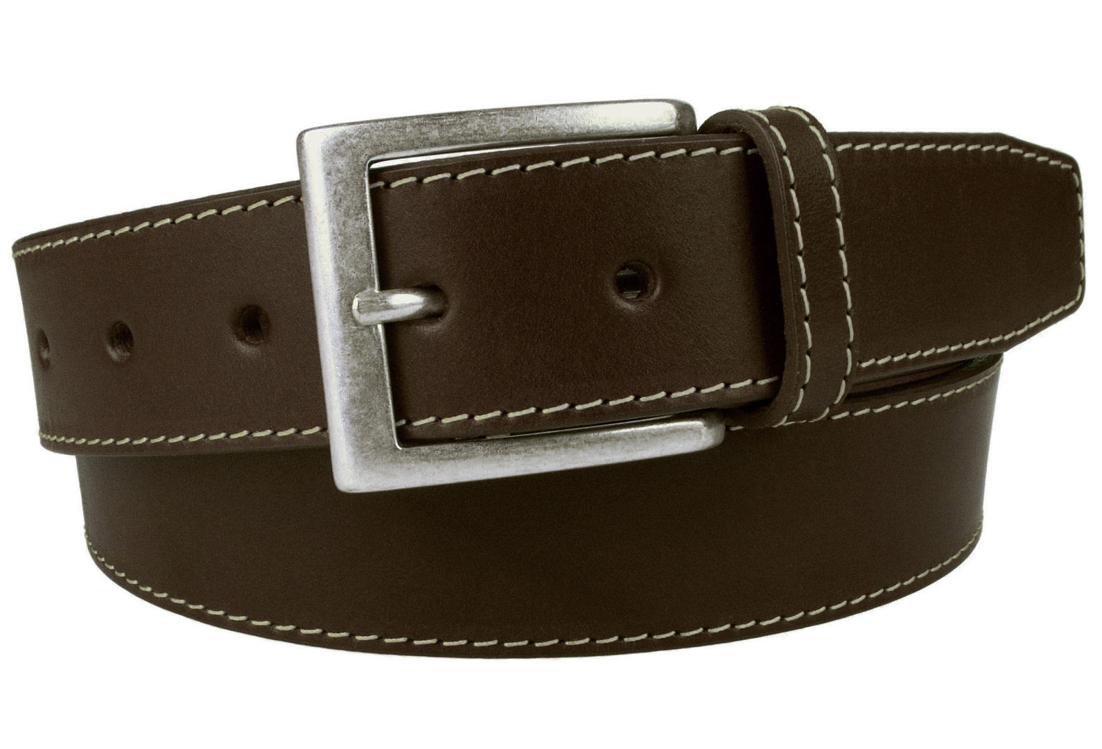 Brown Leather Belt With Contrasting Stitched Edge And Old Silver Plated Buckle - Belt Designs
