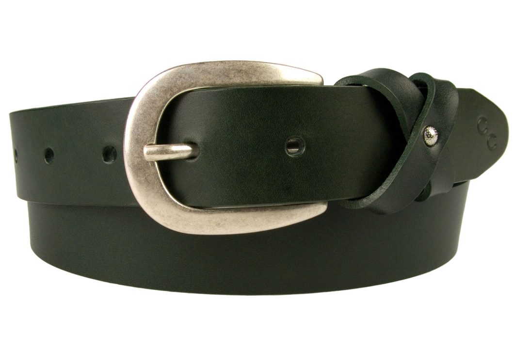 Womens Green Leather Belt And Silver Plated Buckle. A high quality British Made Leather Belt with a cross over loop giving a bow effect. Rich bottle green / emerald green Italian full grain vegetable tanned leather. Silver plated buckle with an antique finish and lacquered for protection. 3 cm Wide with five fastening holes and available in several sizes.