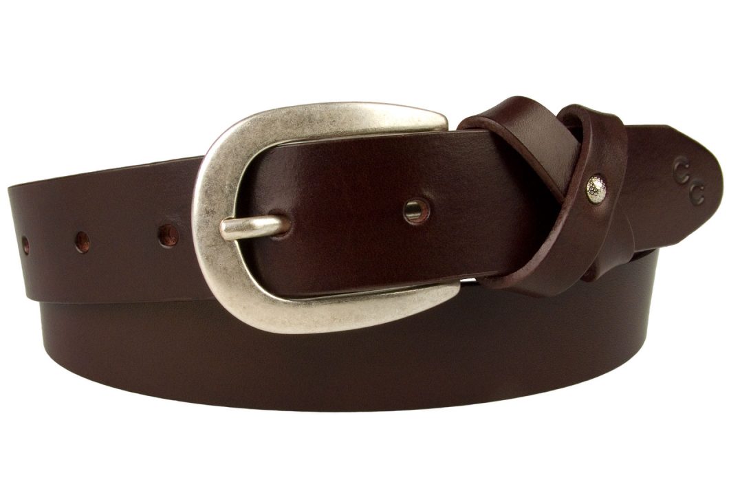A High Quality British Made Womens Leather Belt In Rich Mulberry Tone Leather. This mulberry tone leather belt is made in the UK by British Artisans using high quality Italian Full Grain Leather. The belt comes with a  high quality Italian made silver plated buckle with an Antique finish. The keeper is made from a crisscrossed leather loop with a small domed ornament to the center giving a feminine 'bow' effect.The belt tip also comes with the Champion Chase ™ signature horse shoe motif.