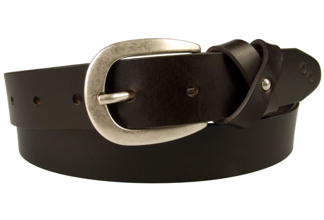 Womens Leather Belt In Dark Havana Brown. Made In UK with High Quality Italian Full Grain Vegetable Tanned Leather. 3cm Wide Belt with crisscrossed leather loop giving a stylized bow. The 'bow' is embellished with a small domed shiny nickel ornament addin to the femine touch of this high quality belt. The buckle is oval in shape and is silver plated and hand brushed and lacquered to give an antique appearance. The belt tip is stamped with the Champion Chase double horse shoe motif. The leather is approximately 3mm in thickness.