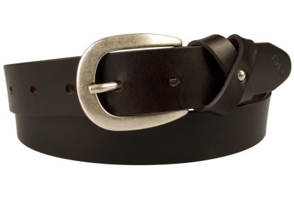 Womens Leather Belt In Dark Havana Brown. Made In UK with High Quality Italian Full Grain Vegetable Tanned Leather. 3cm Wide Belt with crisscrossed leather loop giving a stylized bow. The 'bow' is embellished with a small domed shiny nickel ornament addin to the femine touch of this high quality belt. The buckle is oval in shape and is silver plated and hand brushed and lacquered to give an antique appearance. The belt tip is stamped with the Champion Chase double horse shoe motif. The leather is approximately 3mm in thickness.