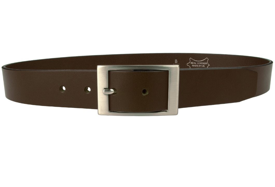 Dark Havana Brown Leather Belt, British Made Leather Belt, Italian Full Grain Leather, Italian Made Hand Brushed Nickel Plated and Lacquered Buckle, Long Lasting High Quality Leather Belt made by Skilled British Craftsmen. 3.5cm Wide. Whole Buckle with Center Bar. 4mm thick leather.
