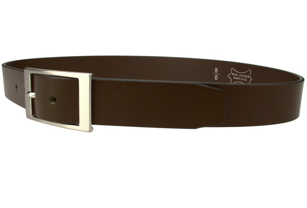 Dark Havana Brown Leather Belt, British Made Leather Belt, Italian Full Grain Leather, Italian Made Hand Brushed Nickel Plated and Lacquered Buckle, Long Lasting High Quality Leather Belt made by Skilled British Craftsmen. 3.5cm Wide. Whole Buckle with Center Bar. 4mm thick leather.