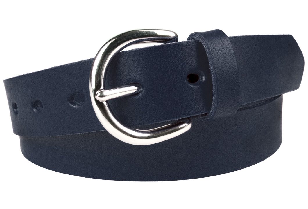 Womens Navy Blue Leather Belt With Silver Tone Buckle (nickel plated solid brass buckle). Made in UK. 3cm Wide. Full Grain Italian Vegetable Tanned Leather and Italian Made Buckle.
