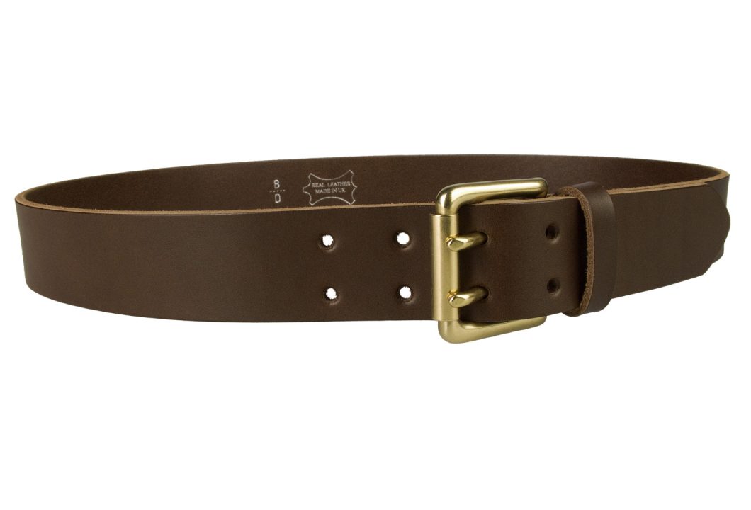 Brass Double Prong Leather Jeans Belt. Mens high quality double prong brown leather belt. Made in UK with Italian full grain leather and an Italian made solid brass double prong roller buckle. 40 mm 1.57 inch wide and approx. 3.5 - 4 mm thick leather approx