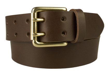 Brass Double Prong Leather Jeans Belt. Mens high quality double prong brown leather belt. Made in UK with Italian full grain leather and an Italian made solid brass double prong roller buckle. 40 mm 1.57 inch wide and approx. 3.5 - 4 mm thick leather approx