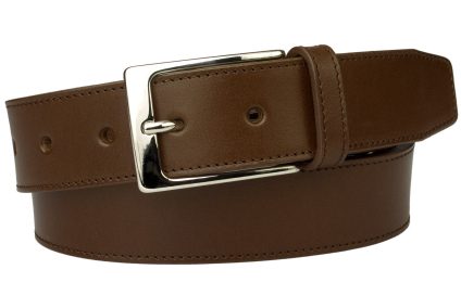 British Stitched Edge Brown Leather Suit Belt 3.5 cm Wide. Ideal with Suits or Smart Casual Trousers. Italian Full Grain Leather Approx. 4mm thick. Matching Stitched Edge Using High Quality German Made Thread. Shiny Nickel Plated Italian Made Half Buckle with Leather Keeper/ Loop