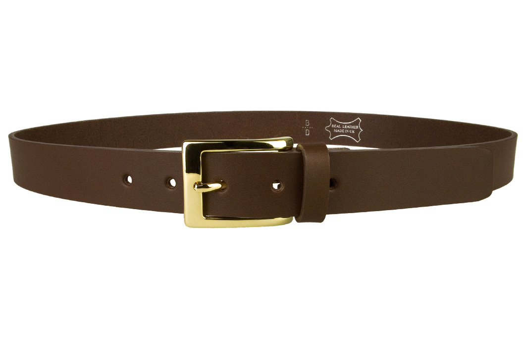 Mens Brown Leather Belt With Gold Buckle Front Facing