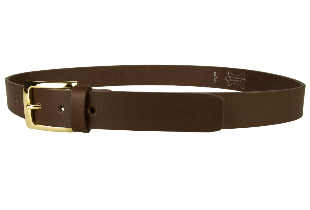 Mens Brown Leather Belt With Gold Buckle Left Facing