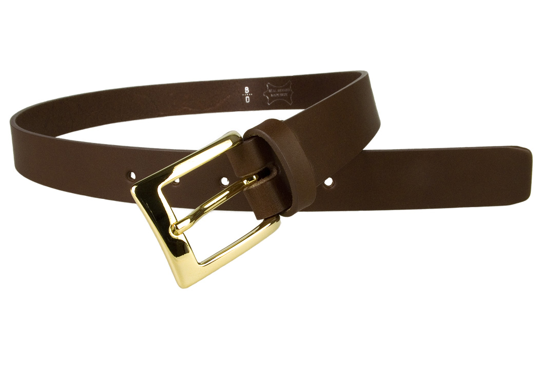 High Quality Brown Leather Belt. Made with top grade Italian vegetable tanned leather. Gold plated Italian made buckle. 3cm Wide. Made In UK by Belt Designs