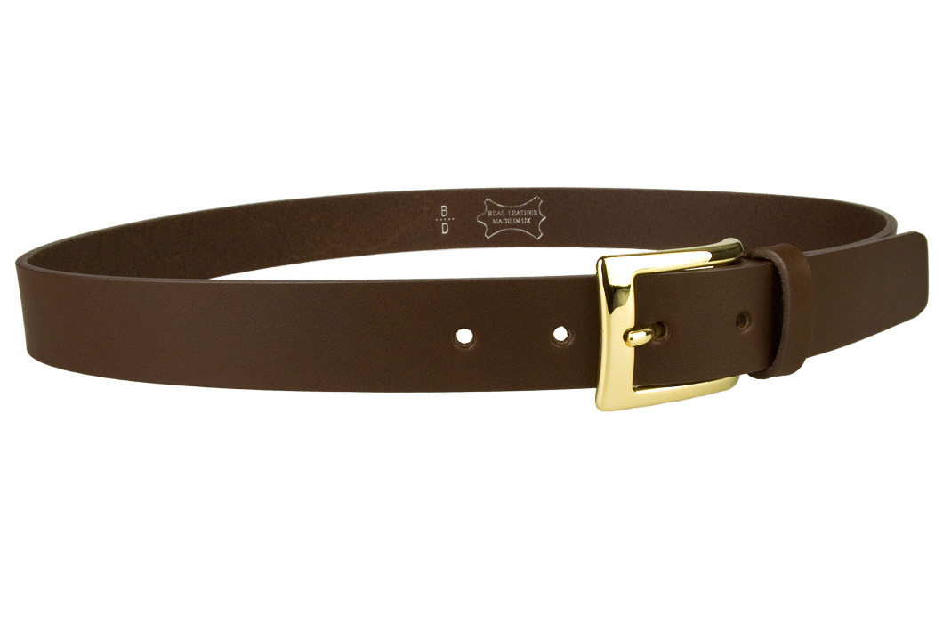 Mens Brown Leather Belt With Gold Buckle Right Facing