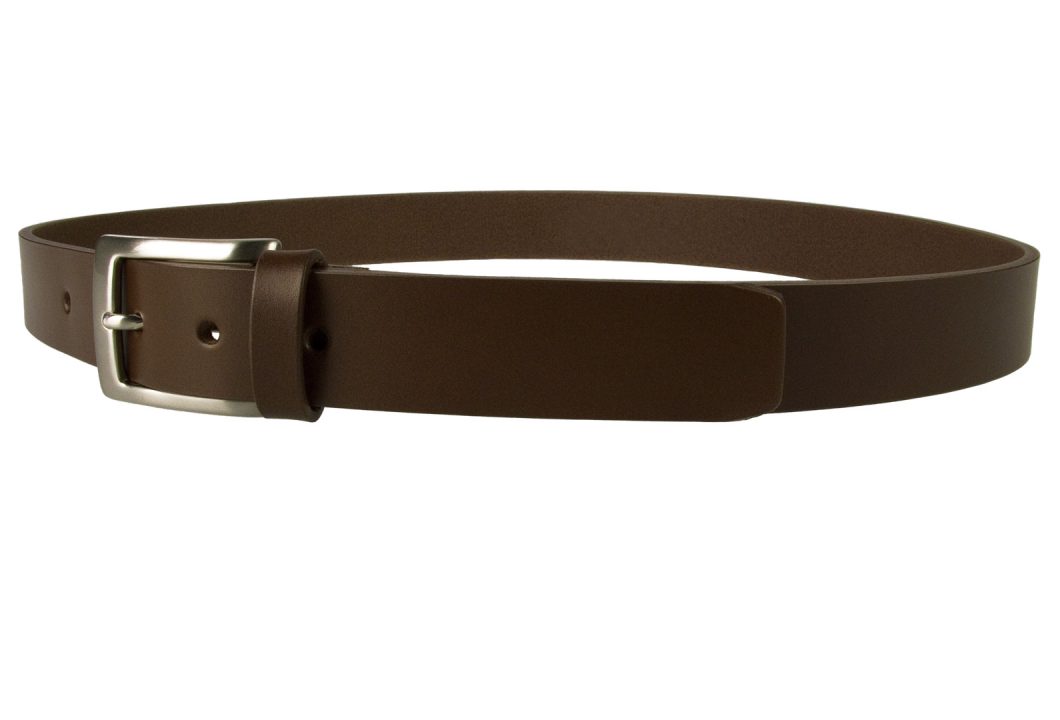 Mens High Quality Brown Leather Belt Made in UK. Italian full grain leather and an Italian made hand brushed nickel plated buckle. 30mm wide and approx. 3.5 - 4 mm thick leather.
