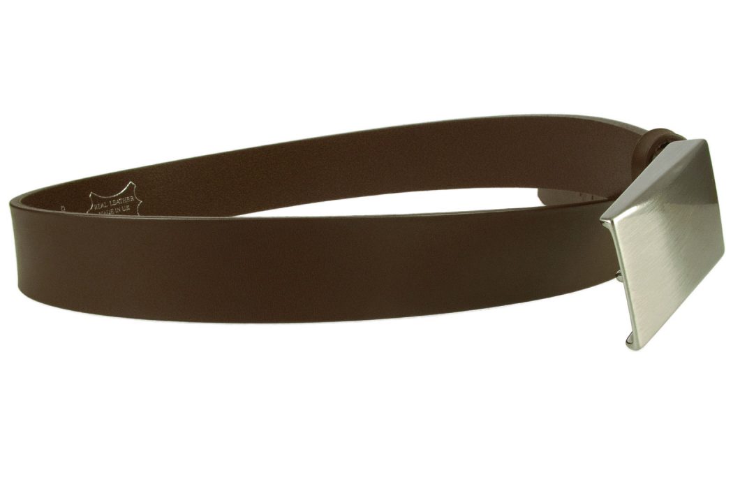 Brown Leather Plate Belt Made In UK. Italian Full Grain Vegetable Tanned Leather. Hand Brushed Nickel Plated and Lacquered Plate Buckle. Five Adjustment Holes. Free Sliding Belt Loop. 35mm Wide. Leather thickness 3.5 - 4mm.