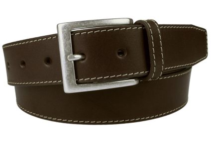 Brown Leather Belt With Contrasting Stitched Edge And Old Silver Plated Buckle. Made In UK. 3.5 cm Wide. Full Grain Vegetable Tanned Leather. Italian Made Buckle. Ideal With Moleskins or Jeans.