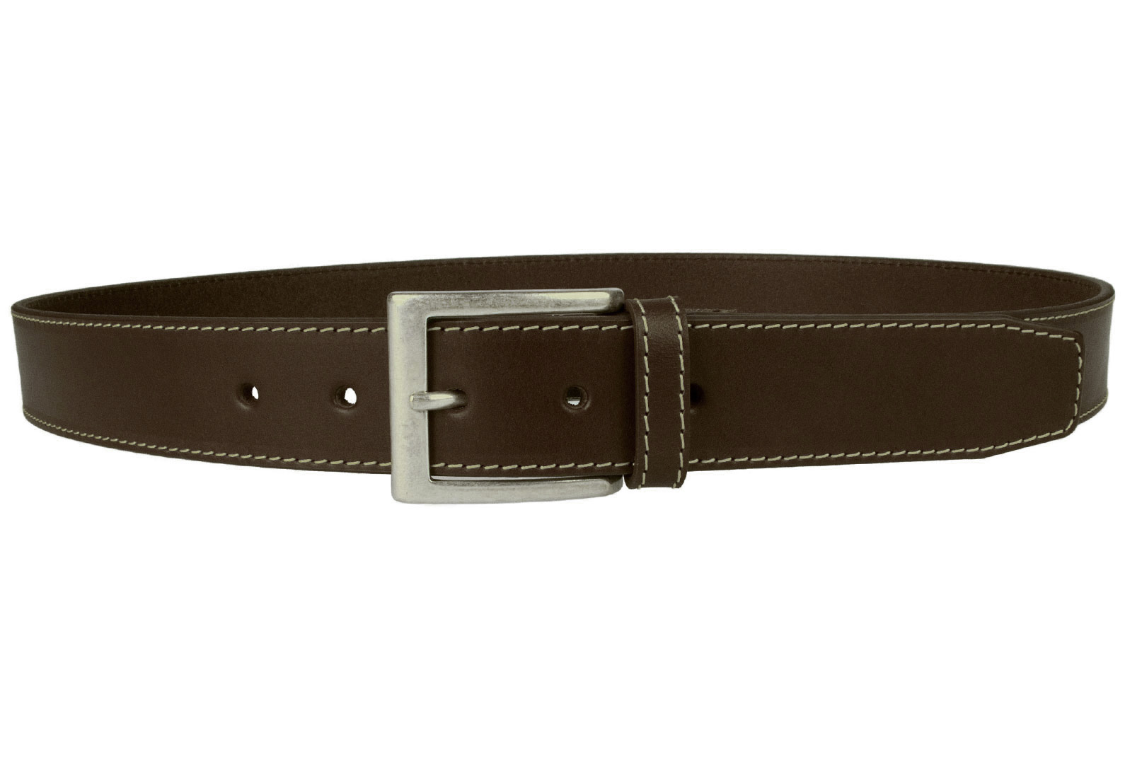 Brown Leather Belt With Contrasting Stitched Edge And Silver Plated ...