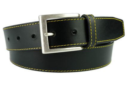 Black Leather Belt With Silver Plated Buckle And Yellow Stitched Edge. 35mm wide ( 1 3/8 inch). Italian Full Grain Vegetable Tanned Leather. Strong Riveted Return. Made In UK