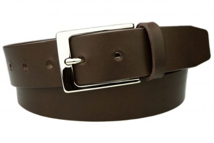 Brown Leather Belt With Bright Shiny Buckle. 3.5 cm Wide ( 1 3/8 inch). Italian Full Grain vegetable tanned leather. Italian made shiny nickel plated half buckle. Made In UK. Brand Rivet Classic.