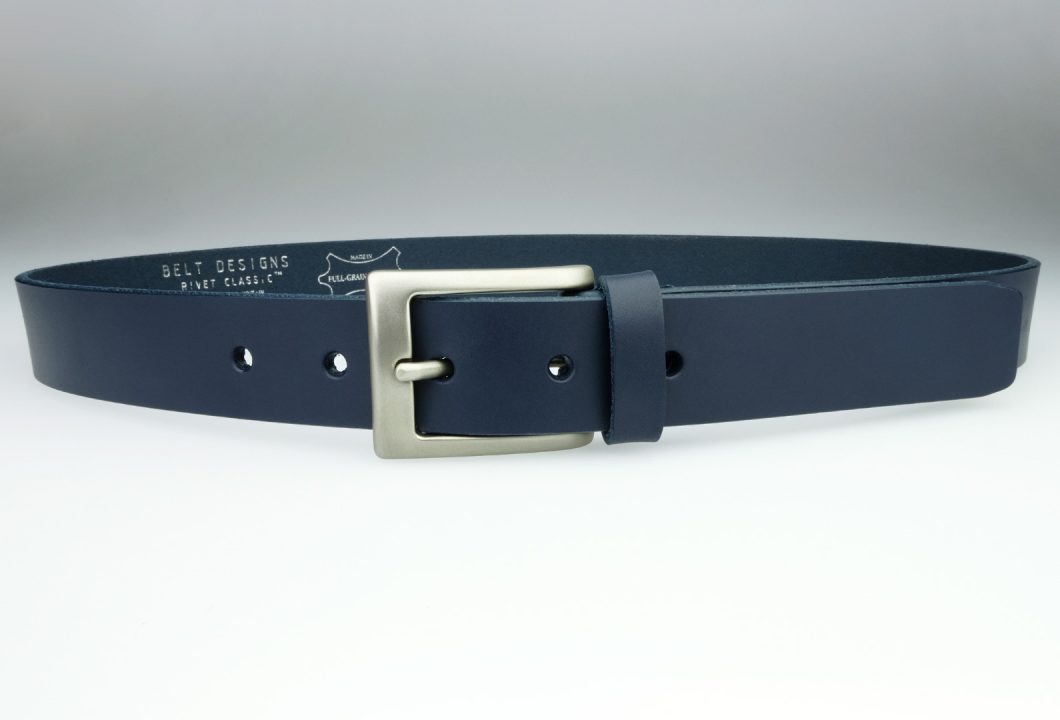 Blue leather belt made in UK with Italian Full Grain Vegetable Tanned Leather. The belt has natural raw edges to give a casual look to a quality British made belt. Robust Matt Nickel rectangle shaped buckle ( attached with rivets for extra strength). Ideal with chinos and  summer trousers. 3 cm Wide ( 1 3/16 inch ). Leather thickness approximately 3.5 mm.