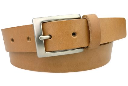 Light Tan Casual Trouser Belt Made In UK with Italian Full Grain Vegetable Tanned Leather. 3cm wide with robust Matt Nickel plated buckle. The belt has natural unfinished raw edge to give a casual look to a quality British made belt.