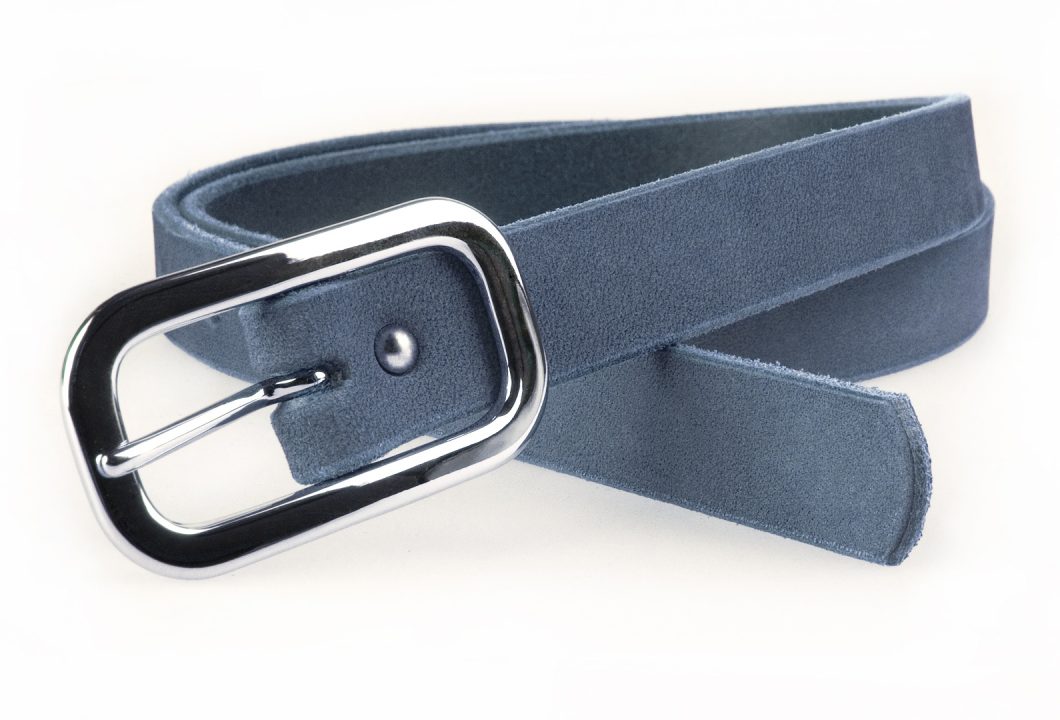 Mid Blue Skinny Belt 2cm Wide 3/4 inch. Made In UK with Italian Veg Tan Pink Nubuck Leather. Shiny Nickel Plated Solid Brass Buckle (silver tone).