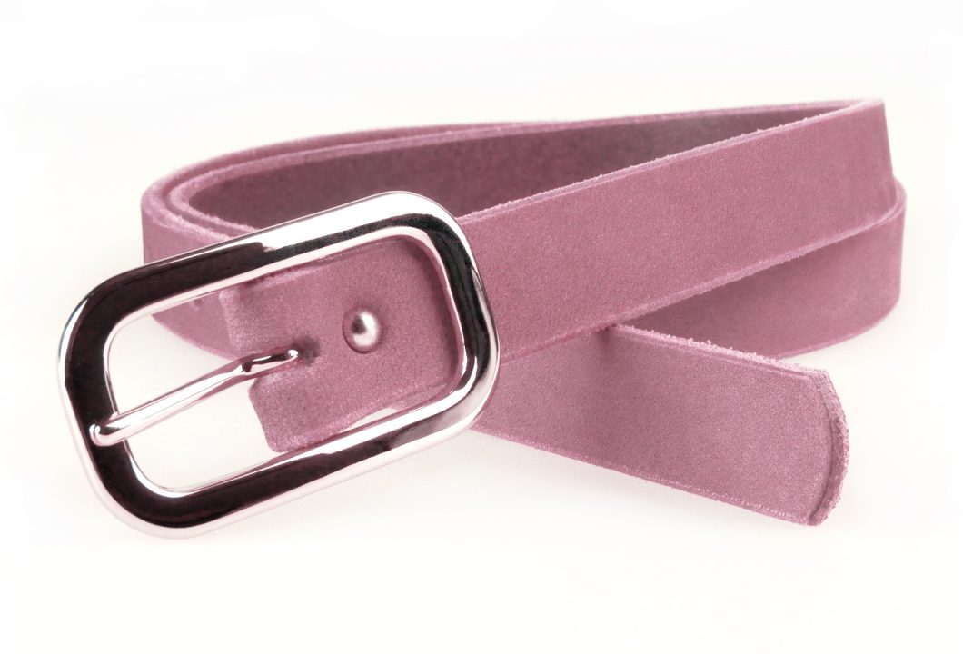Womens Pink Skinny Belt 2cm Wide 3/4 inch. Made In UK with Italian Veg Tan Pink Nubuck Leather. Shiny Nickel Plated Solid Brass Buckle (silver tone).