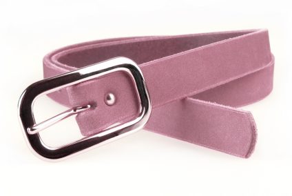 Womens Pink Skinny Belt 2cm Wide 3/4 inch. Made In UK with Italian Veg Tan Pink Nubuck Leather. Shiny Nickel Plated Solid Brass Buckle (silver tone).