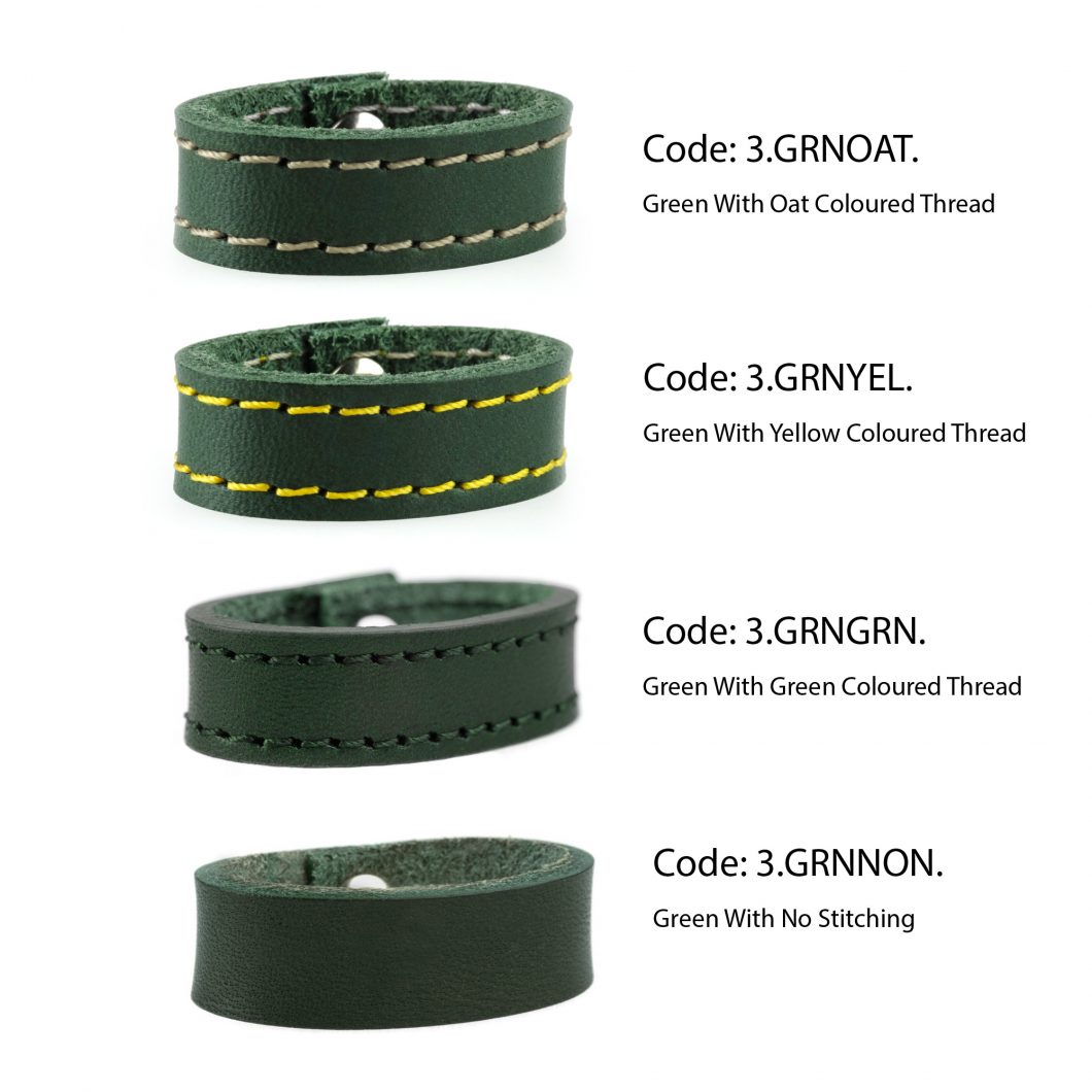 Green Leather Loops Ideal For Bag Straps and Belts. Unclips with press stud. Choice of Gold or Silver Tone Hardware. Many colour and size variations. Option of plain or stiched edge (either matching or with contrast). Made with Full Grain Vegetable Tanned Leather. Made In UK.