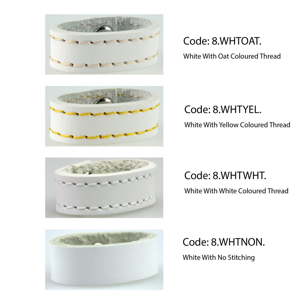 White Leather Loops Ideal For Bag Straps and Belts. Unclips with press stud. Choice of Gold or Silver Tone Hardware. Many colour and size variations. Option of plain or stiched edge (either matching or with contrast). Made with Full Grain Vegetable Tanned Leather. Made In UK.