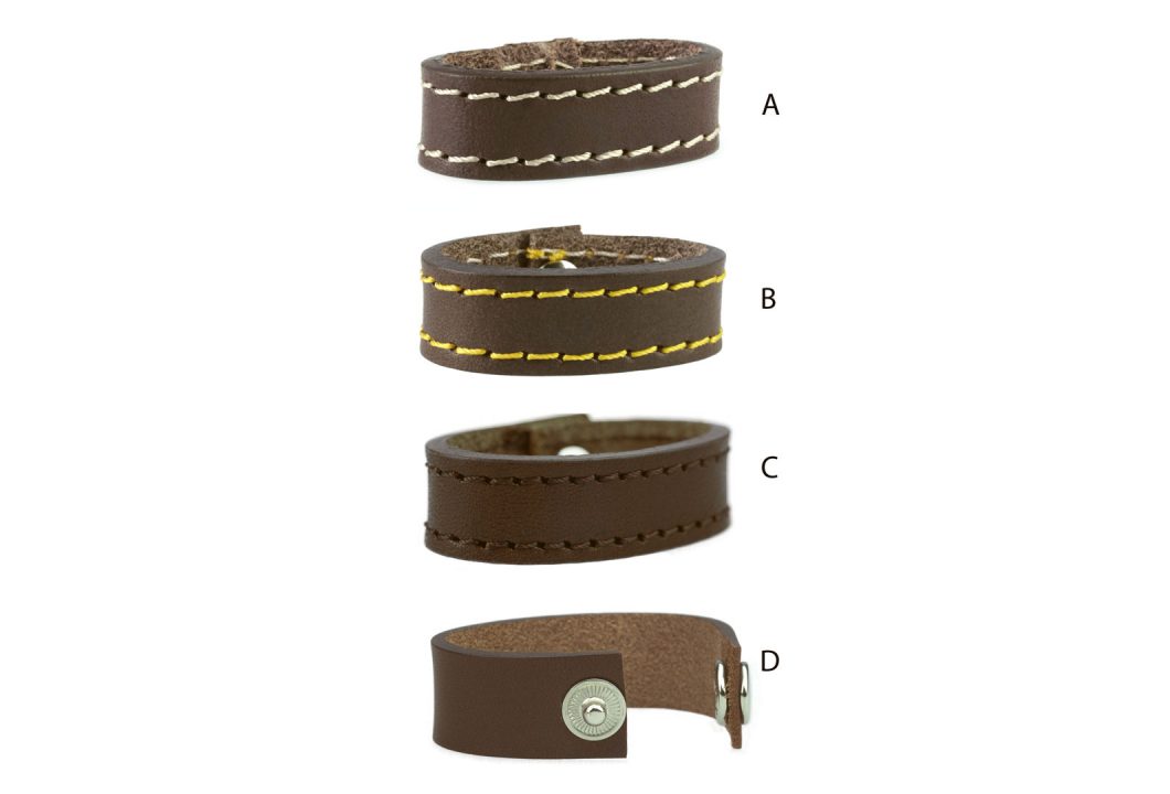 Brown Leather Loops Ideal For Bag Straps and Belts. Unclips with press stud. Choice of Gold or Silver Tone Hardware. Many colour and size variations. Option of plain or stitched edge (either matching or with contrast). Made with Full Grain Vegetable Tanned Leather. Made In UK.