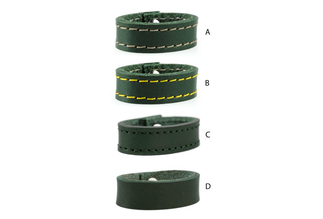 Green Leather Loops Ideal For Bag Straps and Belts. Unclips with press stud. Choice of Gold or Silver Tone Hardware. Many colour and size variations. Option of plain or stitched edge (either matching or with contrast). Made with Full Grain Vegetable Tanned Leather. Made In UK.